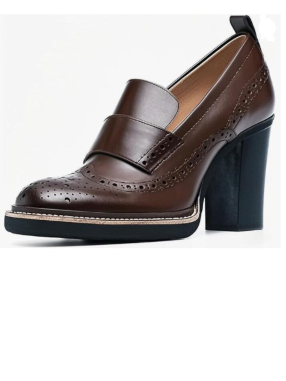 YDN Brown Leather Brogue Block Heel Loafer